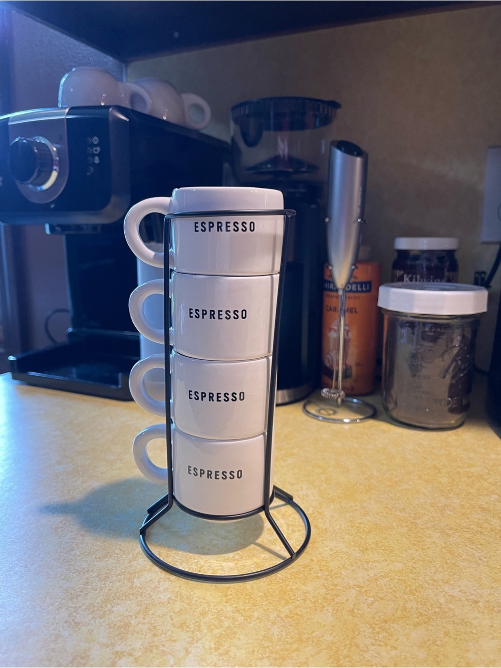 White Espresso Mug Set with Black Stand - 4 Piece
